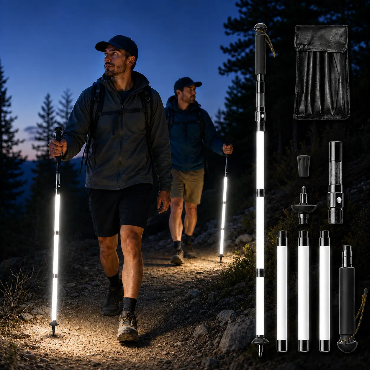 Rechargeable LED Walking Stick, Detachable Light Up Hiking Pole for Night Walks, Camping, Hiking and Outdoor Safety, Gift for Men, Dad, Father, Hikers and Campers