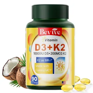 Bevive Vitamin D3+K2 Bone & Calcium Support | Non-GMO | Caffeine-Free Vitamin K2 MK-7 D3 10,000 IU Coconut MCT Oil 90 Capsules Fitness & Healthcare