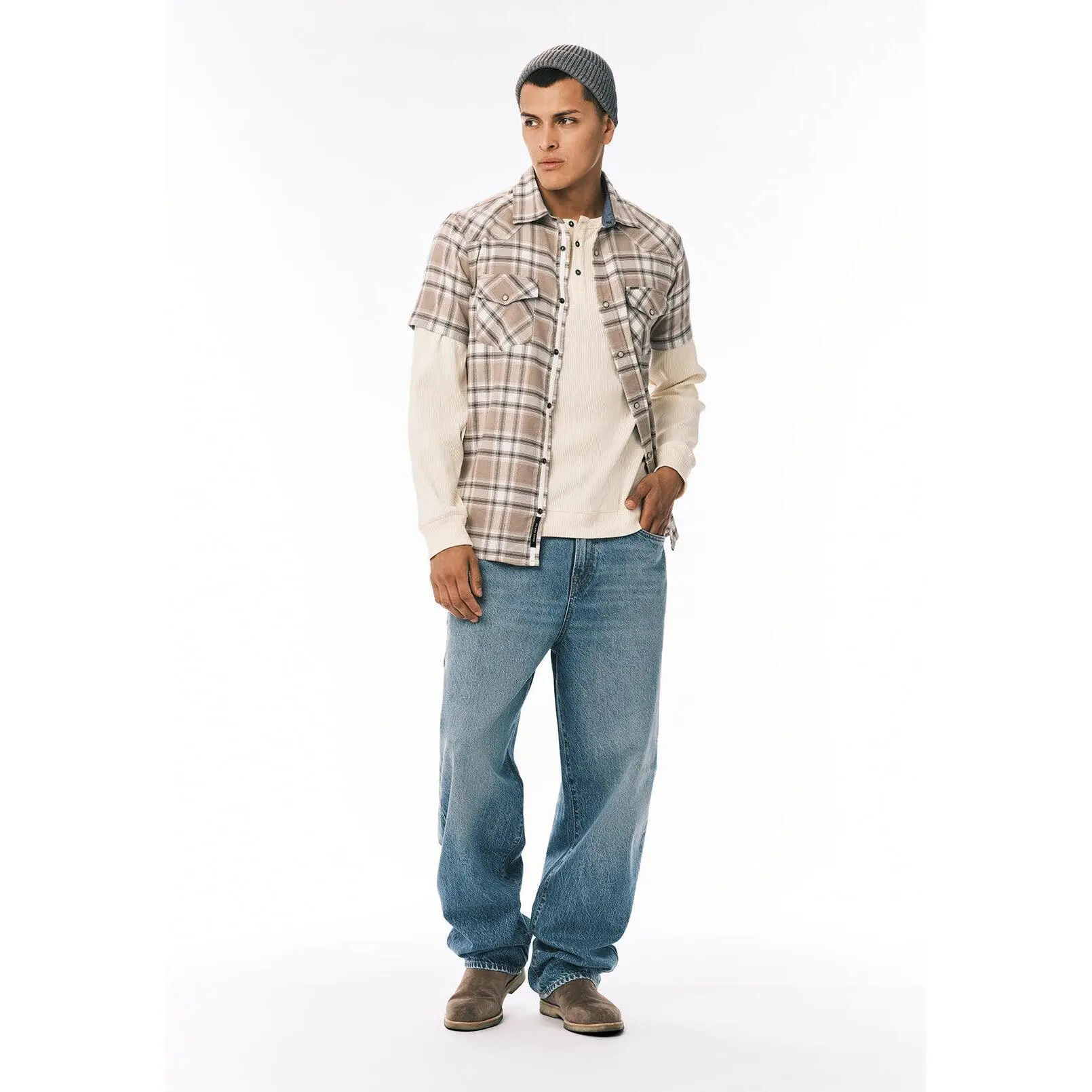 Kendro Men's Long Sleeve Henley, Buttercream - BM24762