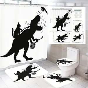 4pcs Whimsical T-Rex Shower Curtain Set with Cat Riding Dinosaur – Playful Bathroom Decor Featuring Surreal Black Silhouette Illustrations on White Background, Perfect for Adding Fun and Humor to Your Shower Space!