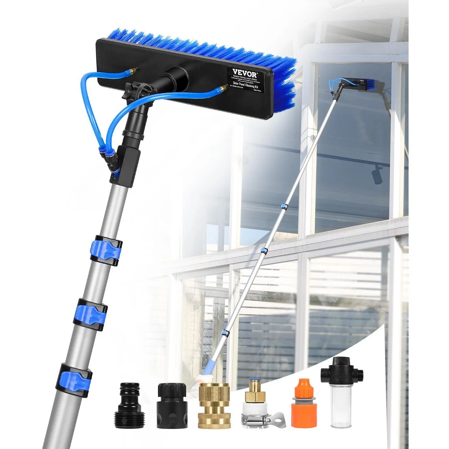 VEVOR Durable Aluminum Water Fed Pole Kit, 12FT Extendable Window Cleaning Tool with 180° Rotating Head, 65.6FT Hose, Soap Dispenser, Water Jets, 5.5 lbs Complete Accessory Set for DIY Users, Outdoor & Commercial All-Weather Use