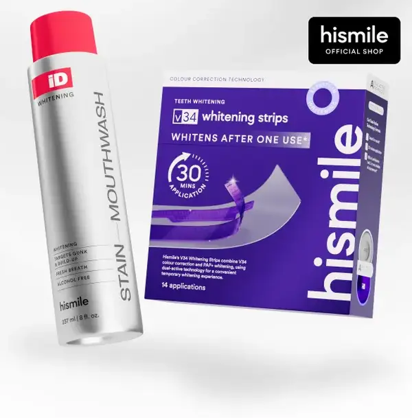Hismile Double Effect Bundle, V34 Whitening Strips & iD Whitening Mouthwash Freshens Breath with Essential Oils & Combining Whitening and Colour Correction