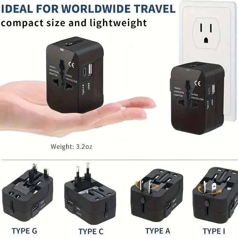 Global Universal Power Adapter, High Efficiency Charger, Cell Phone Charger, USB + Type-C Adapters with Us/eu/uk Plugs, Plug Converter for Phone and Tablet Wall Charging