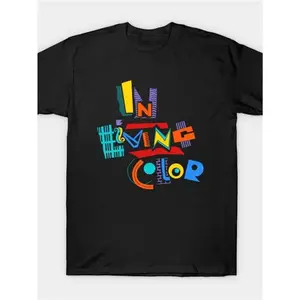 Vibrant 90s Vibe Geometric Letter Print T-Shirt 100% Cotton Black Short Sleeve Tee Retro Colorful Graphic Casual Streetwear Unisex Top