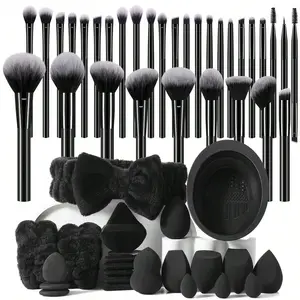 54pcs black silver makeup brushes set powder foundation blush with sponge puff cleaning mat gift for makeup beginners daily office makeup