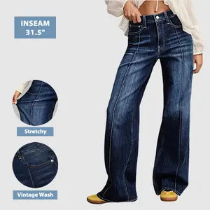 Flamingals Wash Seam Front Mid Rise Straight Leg Jeans Womenswear 31.5" Inseam Casual Fit