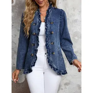 Women's Autumn Long Sleeve Double-Breasted Frill Trim Denim Jacket Fabric Fit