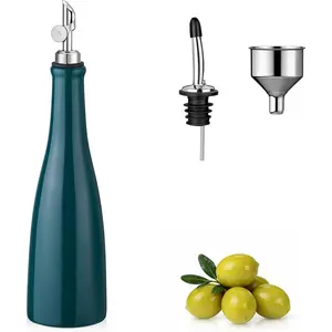 Olive Oil Dispenser Bottle, 20oz Ceramic Oil Dispenser for Kitchen, Oil Bottle with Gravity Spout, Leak Proof EVOO Dispensing Bottle with 2 Spouts and 1 Funnel for Vinegar, Juice(Green)