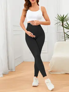 Maternity Solid High Waist Leggings, Casual Fit Maternity High Stretch Belly Support Leggings, Maternity Yoga Pants, Pregnancy Workout Leggings, Clothing