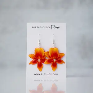 Orange Orchid Bloom Plant Earrings | Blossom Earrings