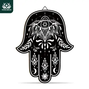 Putuo Decor, Hamsa Hand Shaped Wood Hanging Sign, Flower Pattern Wall Art Decoration for Home Farmhouse Cafe Coffee Shop Living Room, Gift