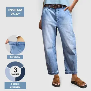 Flamingals Casual Mid Rise Straight Leg Crop Jeans Stretchy Flattering BBL Fit Contrast Stitching