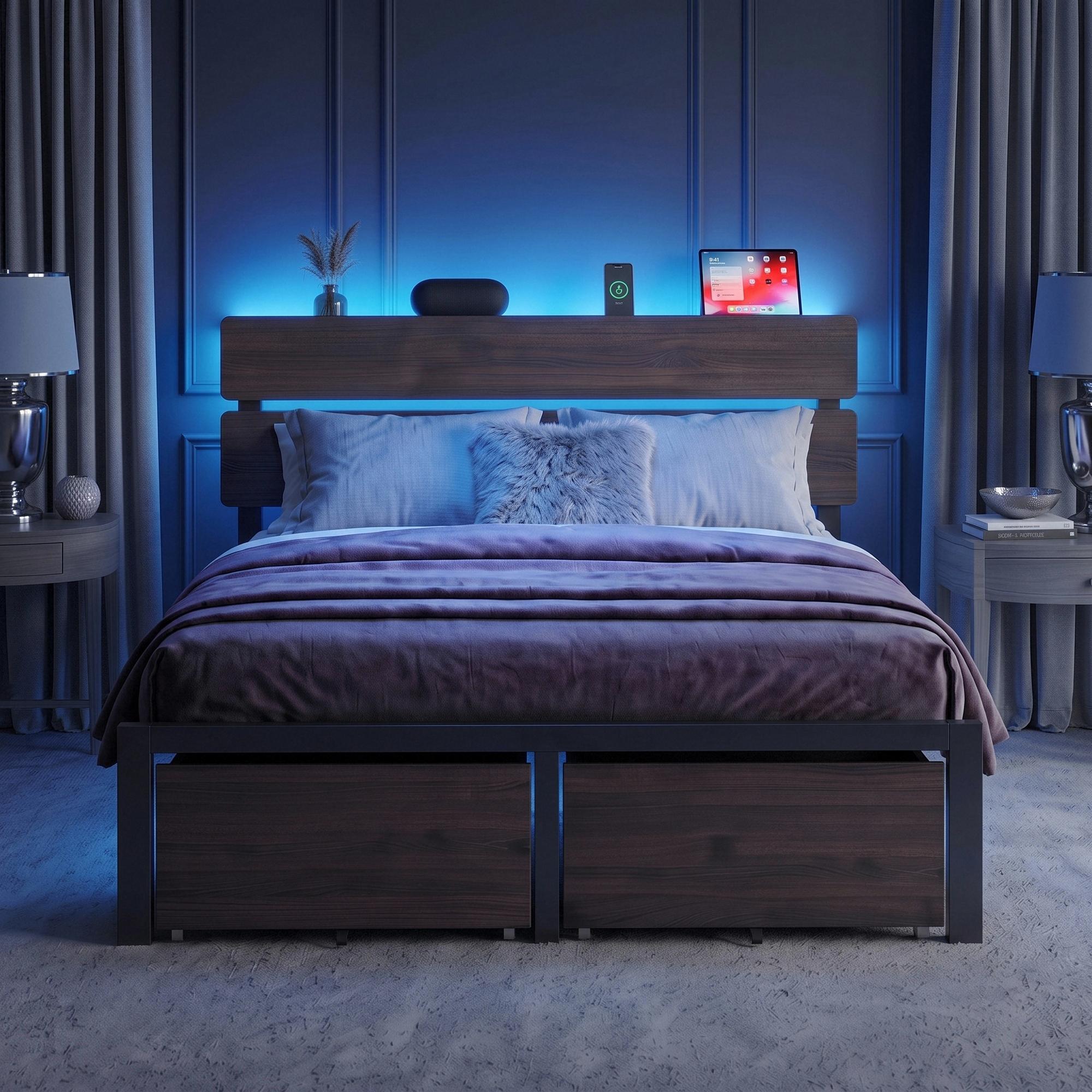 MUTICOR LED Bed Frame with 2 Fabric Storage Drawers, Charging Station & MDF Storage Headboard, Steel Slat Platform Bed with Underbed Storage, No Box Spring Needed