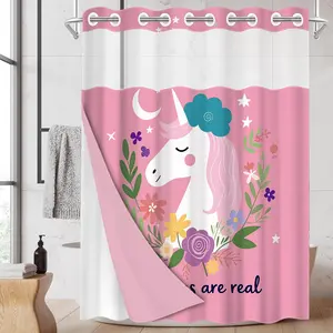1pc hookless shower curtain with buckle lining, spring pink unicorn wreath design, 2D flat printing, fabric waterproof lining, see-through double shower curtain, 71 x 74 inches, modern home draping curtain.