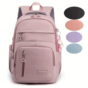Lightweight Solid Color Nylon Multi-layer Backpack - Large Capacity Multi-pocket Student Schoolbag with Waterproof Laptop Protection and Pendant