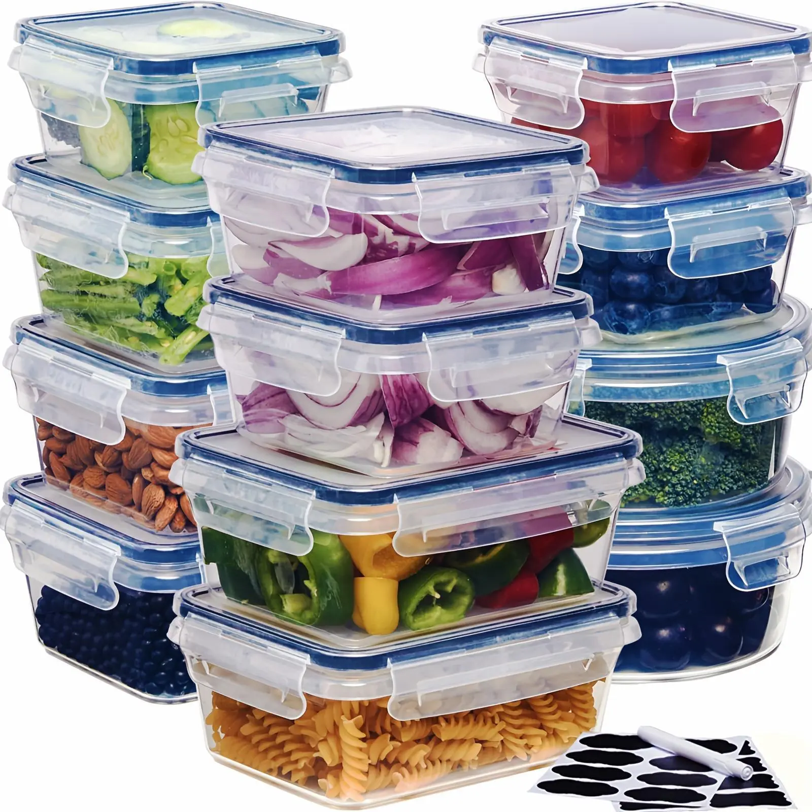 Airtight BPA-Free Reusable Food Storage Containers Set (12/24/48pcs) - 24pcs Option, Snack Containers, Easy-Snap Lids, Plastic Snapware (6/12/24 Units + 6/12/24 Lids), Kitchen Pantry Organizers with Labels And Marker, Snack Container