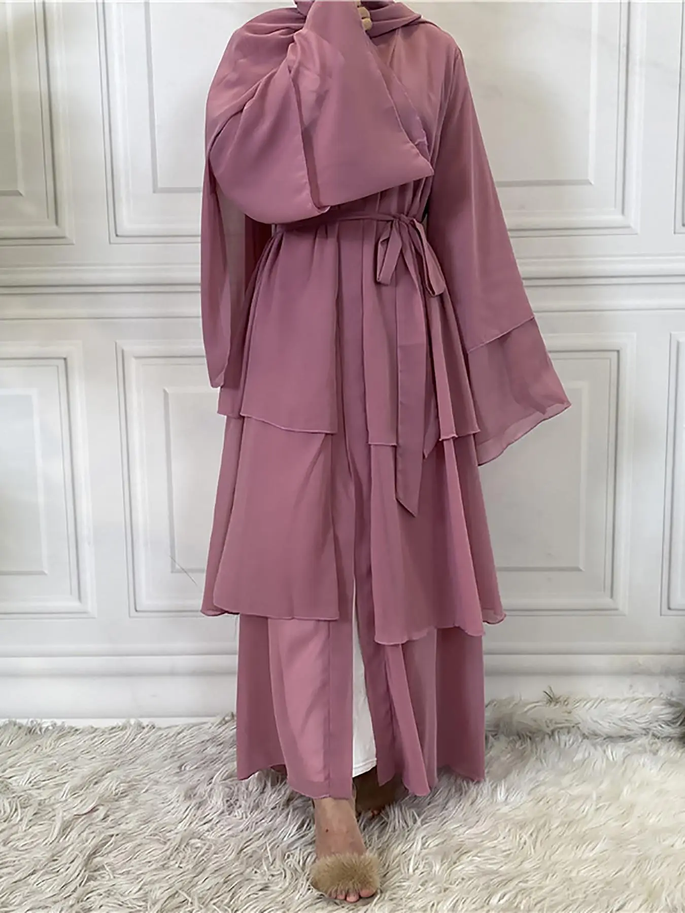 Arabic Clothing-chiffon Layered Sleeve Belted Abaya without Hijab, Comfort Open Front Arabian Robe Loose Abayas, Muslim Clothes for Women, Abaya for W