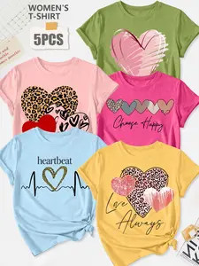 Women's 5-Pack Casual Short Sleeve Crew Neck T-Shirt, Rainbow Ice Cream Cone Fun Print, Multiple Colors, Machine Washable, Spring & Summer Top, Soft Skin-Friendly Fabric, Daily Wear, Fashion Design