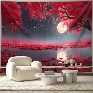 1pc - Extra Large Size - Dreamy Full Moon Cherry Blossom Petal Rain Landscape Photo Tapestry, Polyester Aesthetic HD Printed Wall Hanging, Living Room Bedroom Office Home Party Decor, No Installation Required