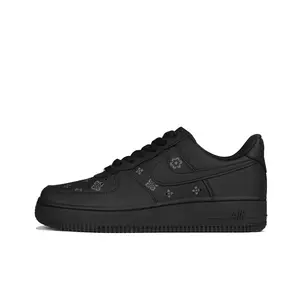 Men's Nike Air Force 1 Low-Top Walking Shoes - Black & Silver with Custom Floral Patterns, House White Official Maison Mihara Casual Flat Footwear