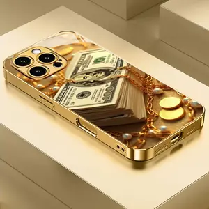 Luxury Electroplated Gold Glass iPhone Case - US Dollar Print Tech Accessory for iPhone 17,16,15,14,13,12,11 Plus Pro Max, Multi-Model Protective Casing for Handheld Devices, Mixed Color 1 Phone Accessories