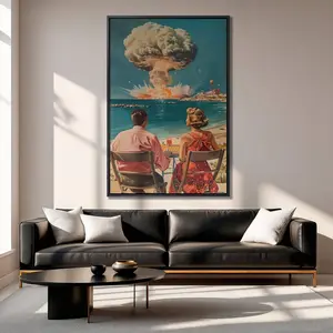 Couple at Atomic Blast Retro Wall Art Beach Nuclear Explosion Art Print Mushroom Cloud Wall Decor Surreal Poster