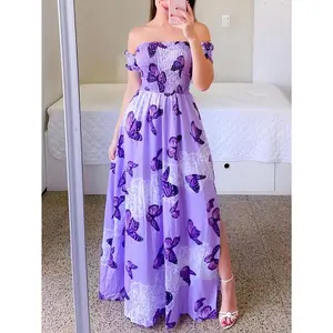 Women'S Fashion Off-Shoulder Dress with Butterfly Print, Polyester Bandeau Style, Woven Fabric, 137 g/m², All-Season Versatile Dress Casual Womenswear Summer Fitted