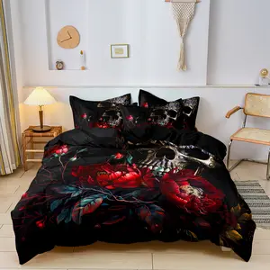 3-Piece Gothic Skull Floral Duvet Cover Set - Soft Breathable HD Printing Bedding For Home Dorm Decor - Halloween Themed, Comfortable, and Durable Bedding Set （1 Duvet Cover and 2 Pillowcases，Without Comforter）