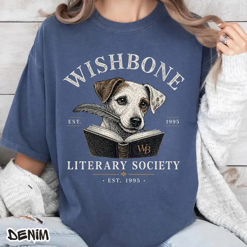 Wishbone Literary Society Graphic Tee, Women's Vintage Comfort Colors T-Shirt, Casual Everyday Cotton Top for Book Lovers, Tops, Printed, Round Neck