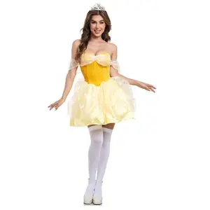 Yellow Off Shoulder Princess Belle Sexy 2Pc Dress Costume w/ Tiara