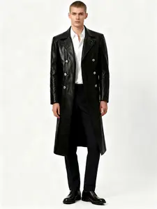 Savanna Fairy Plus Size Mens  Leather Trench Coat German Military Officer Uniform Double Breasted  Long Black Leather  Coat Jackets