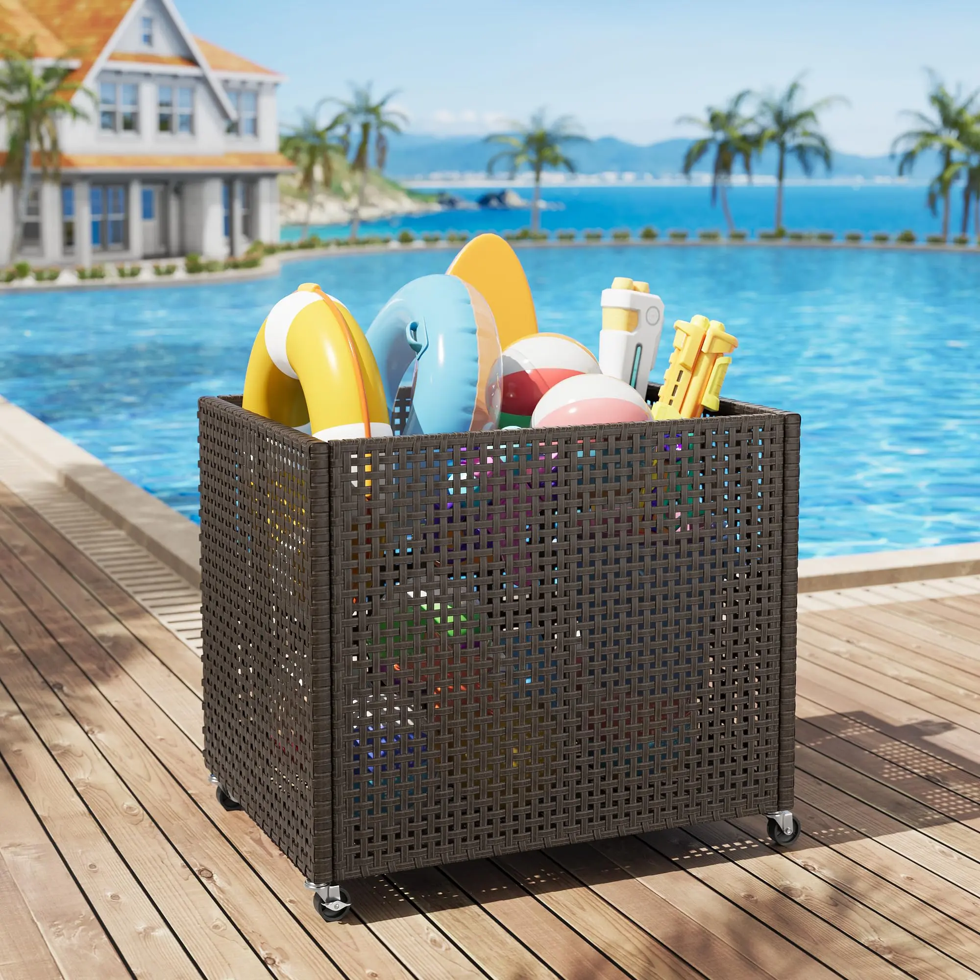 Outdoor Wicker Storage Basket with Wheels, Weatherproof PE Rattan Organizer Bin for Pool Toys, Garden Supplies and Patio Accessories