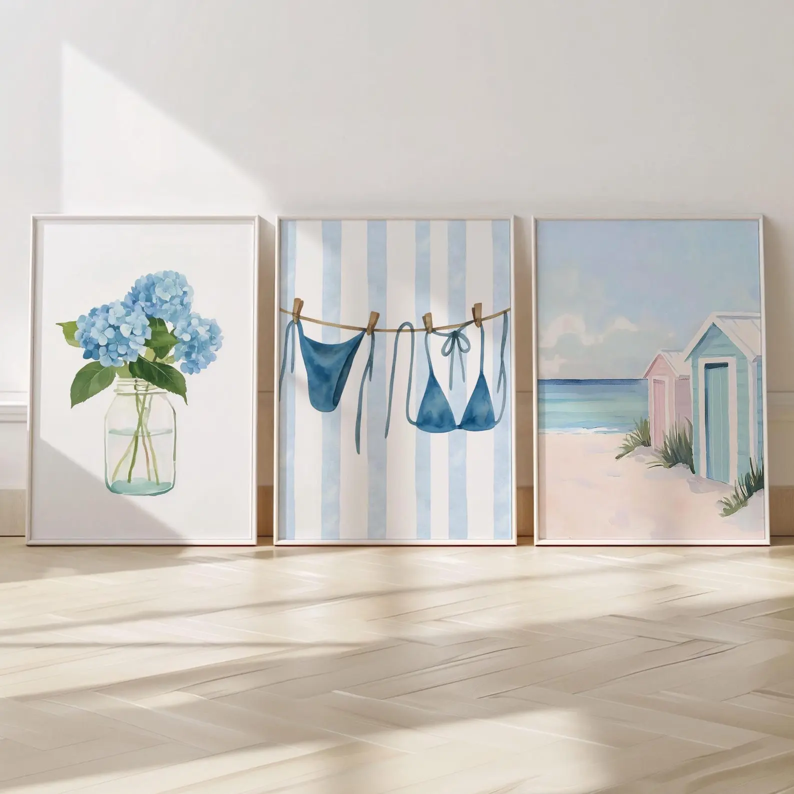 Set of 3 Coastal Summer Wall Art Poster, Pastel Beach Hut Art Print, Hydrangea Bikini Decor, Unframed Room Art