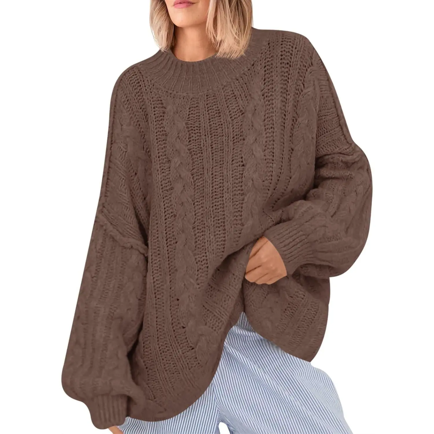 Chunky Knit Tunic Sweater for Women, Oversized Crew Neck Cable Knit Pullover with Long Lantern Sleeves, Casual Loose Fit, Knitting