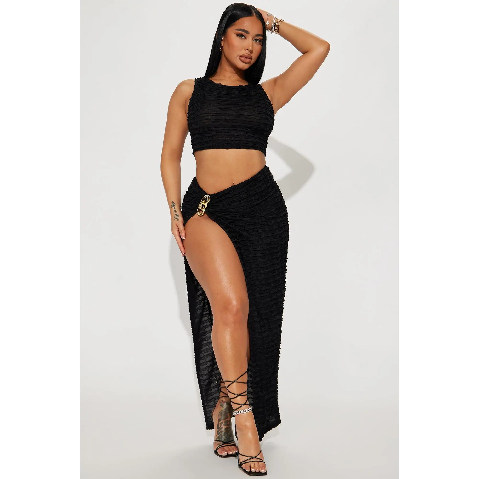 Trina Textured Skirt Set - Black