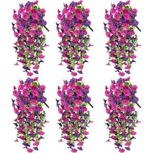 6 Pcs Artificial Hanging Flowers for Outdoor, Fake Plants Long Vine Morning Glory Eucalyptus, UV Resistant Realistic Faux Greenery Indoor Outside Patio Porch Garden Spring Decor, Purple