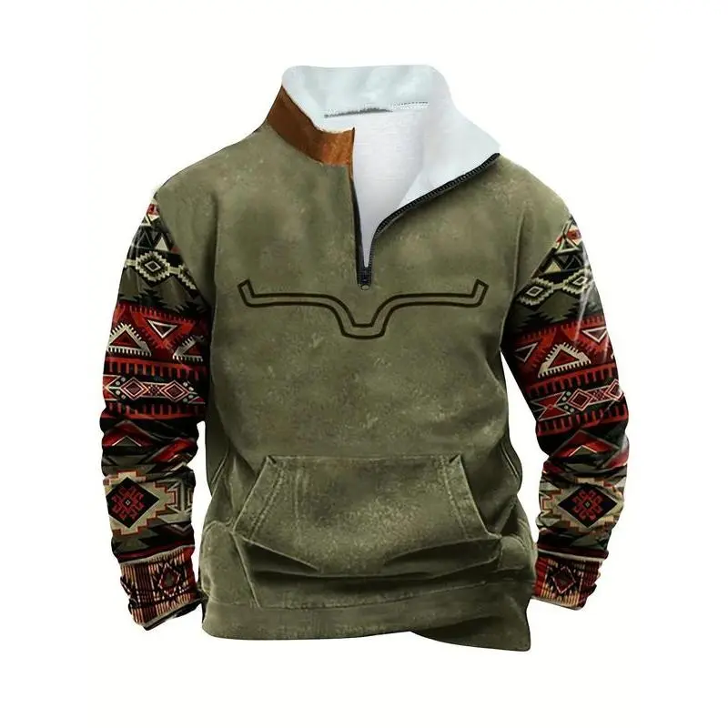 Men's Fall Winter Fitted Long Sleeve Hoodie, Colorblock Ethnic Print Design, Zipper Pockets, Casual Warm Retro Pullover JacketGift Men's Fall Winter Fitted Long Sleeve Hoodie, Colorblock Ethnic Print Design, Zipper Pockets, Casual Warm Retro Pullover JacketGift