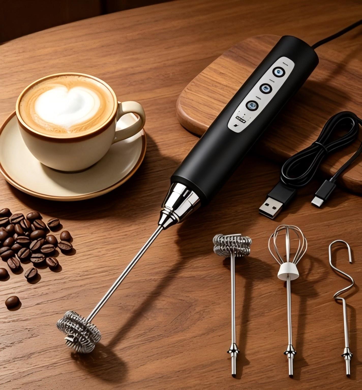 Rechargeable Handheld Milk Frother, 3-Speed Electric Whisk with 3 Interchangeable Heads, Coffee Frother for Latte, Cappuccino, Hot Chocolate & Egg Mixing Rechargeable Handheld Milk Frother, 3-Speed Electric Whisk with 3 Interchangeable Heads, Coffee Frother for Latte, Cappuccino, Hot Chocolate & Egg Mixing
