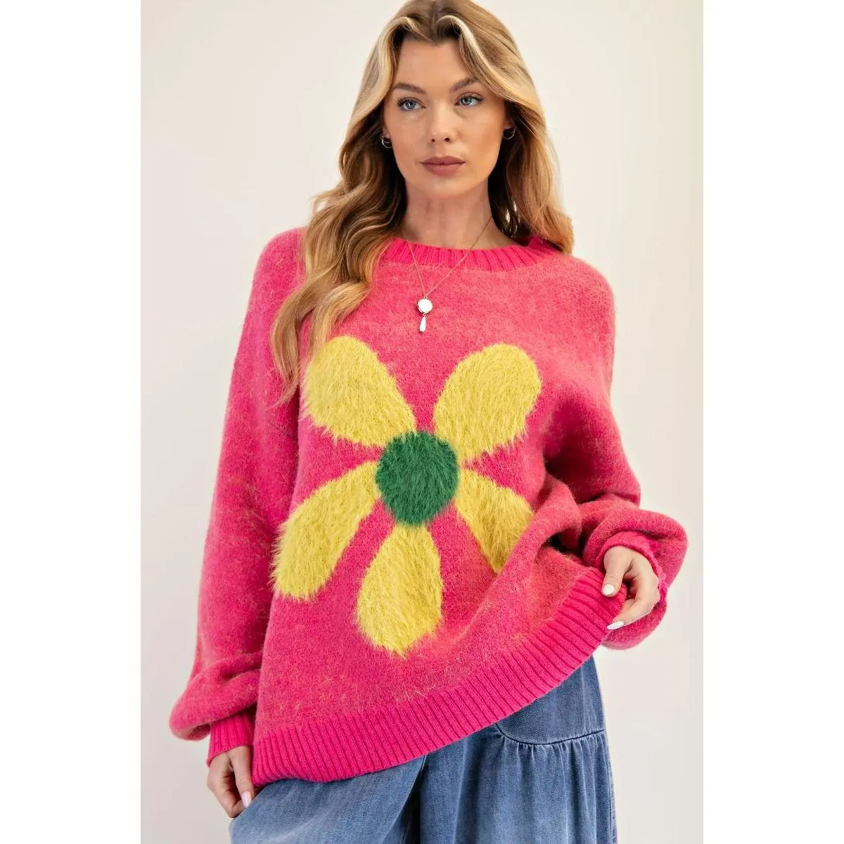 EASEL Daisy Front Knit Sweater Pullover Pink