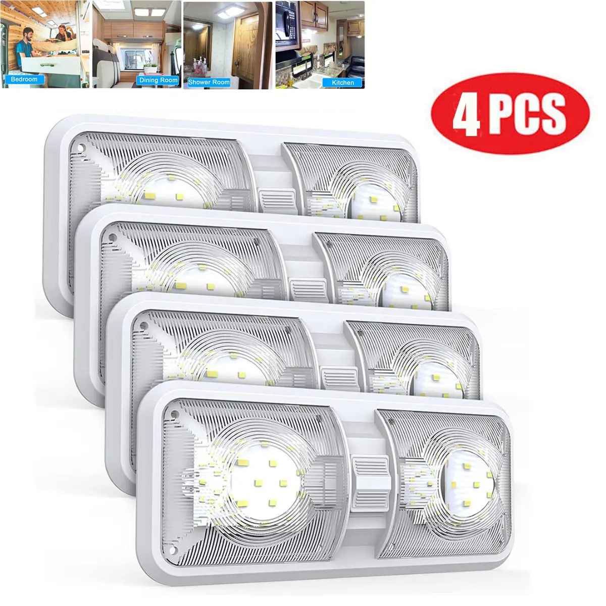 4-Pack 12V RV Double Dome LED Ceiling Light Fixture with Switch, Minimalist LED Lights for RV, Trailer Home Improvement Interior Lighting Accessories