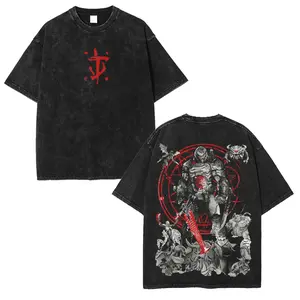 DOOM Eternal Men's Washed Short Sleeved Top, Retro Unisex Oversized Cotton Graphic Tee Game Shirt, Menswear Tshirt Streetwear Tropical Crewneck men  graphic  tees unisex tee Casual Hoodie Print Straight Black Shortsleeve