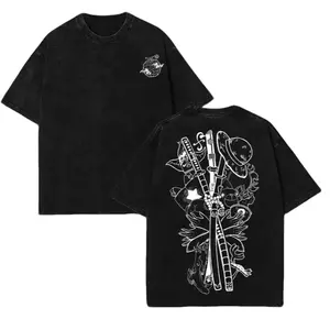 Gomu Gomu No Mi One Piece Anime Double Printed Vintage Washed Tee Unisex Oversize Dragon Ball Manga Gift for Anime Fan Heavyweight Cotton Top - Menswear shirt wash acid