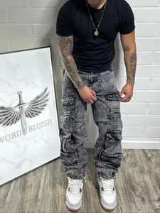 Men's New Korean Style Faded Woodcut Pants, Loose-Fitting Y2K Denim Long Pants, Large Pockets Workwear Jeans, All Seasons Fashion Streetwear Menswear