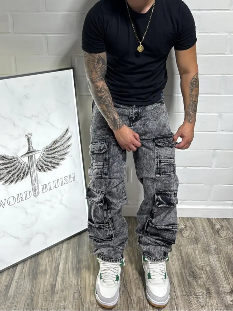 Men's New Korean Style Faded Woodcut Pants, Loose-Fitting Y2K Denim Long Pants, Large Pockets Workwear Jeans, All Seasons Fashion