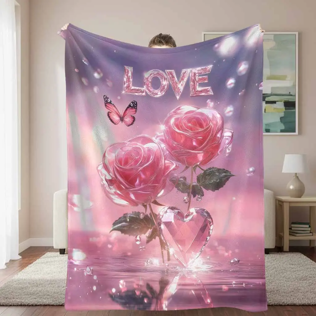 Pink Throw Blanket - Romantic Crystal Rose, Pink Butterfly & Heart Art Print Flannel, Soft Warm Lightweight Plush Decorative Blanket, Ideal for Bedroom Decor, Anniversary Gift for Couples, Art Print Blankets
