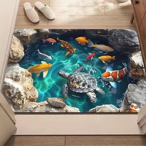 Turtle & Fish Pond Rug Suitable for Bathroom, Bedroom, Living Room - Non-Slip Soft Flannel with Turtle & Fish Swimming Pond Design, Machine Washable Polyester Floor Mat