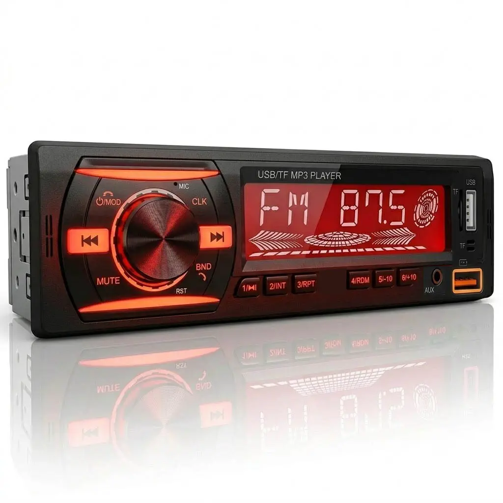 1 DIN Car Stereo Bluetooth Audio Receiver - FM Radio MP3 Player with Hands-Free Calling, Wireless Music Streaming, Fast Charging, USB/TF/AUX Port, 7-Color Backlight, Clock Display