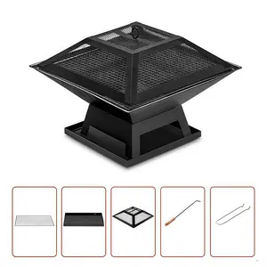 Panovue Multifunctional Fire Pit Table 32 inch Square Metal Firepit Stove for Backyard Patio Garden with Grill Mesh Lid Poker Wood Grate Spark Guard Safe Secure Outdoor Heating Bonfire Picnic，Fire Pit Set，Wood Burning Pit
