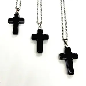 MergingMetals // Obsidian Cross Necklace // Stainless Steel Chain