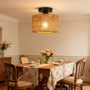 Rattan Floor Lamp for Living Room Boho Standing Lamp with Rattan and Linen Double Shades Arc Lamp Floor Standing 9W Bulb Foot Switch Bohemian for Bedroom and Office Elegant Lighting Modern Mood Lighting Ambient Decoration Lamp